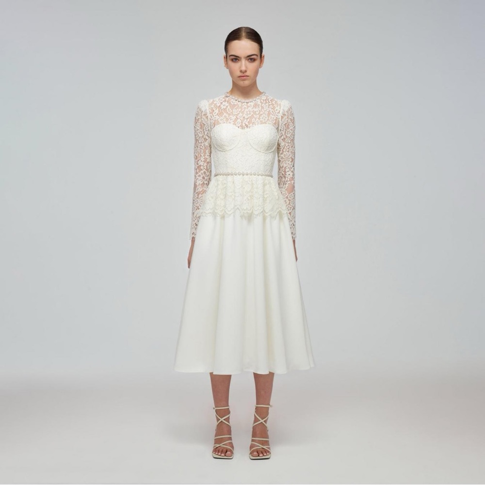 Self-portrait IVORY CORDED LACE VOLUMINOUS SKIRT MIDI DRESS, Size 2